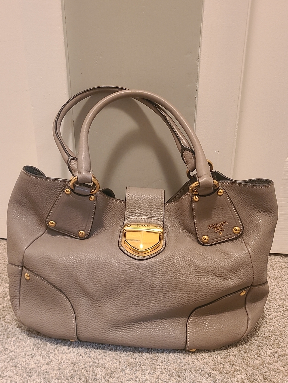 Prada Taupe Leather Shoulder Bag with Gold Hardware